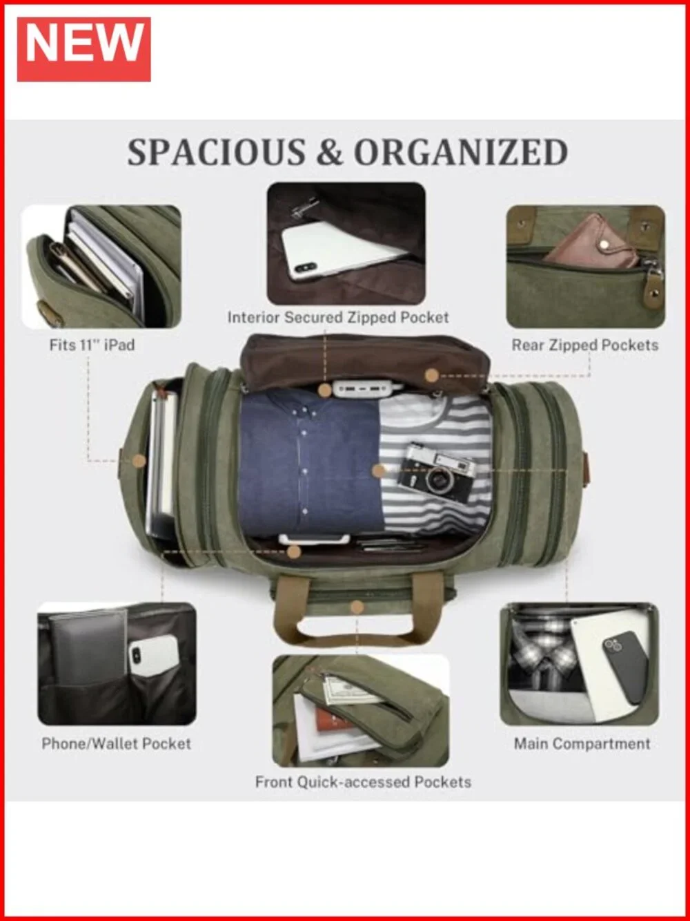 Canvas Travel Duffel Bag 60L Expandable Weekender Carry-On